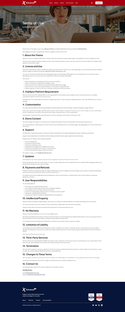 Advance lite Terms and conditions page by hub resolution